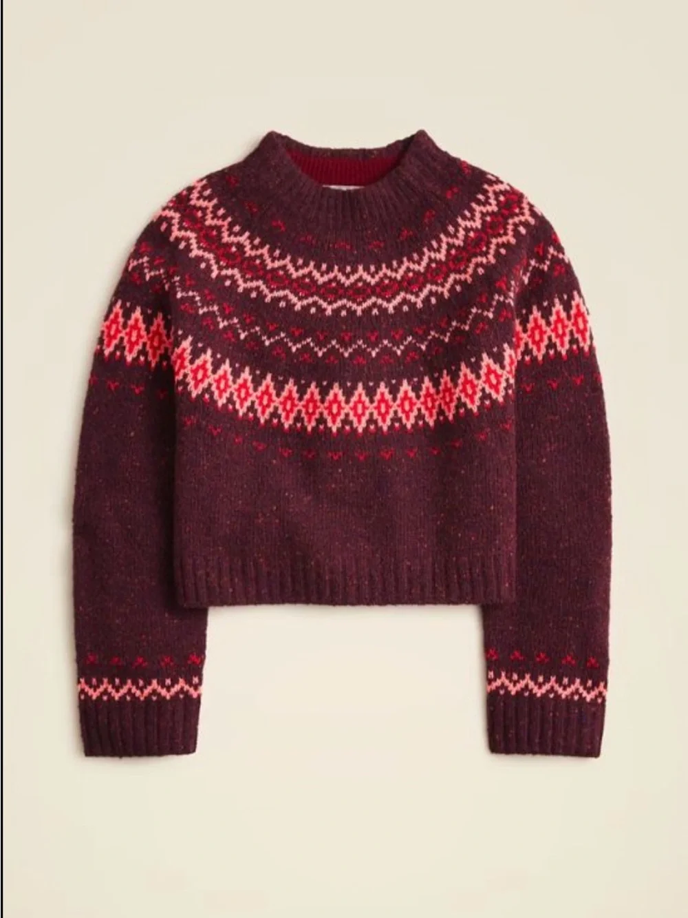 J.Crew Fair Isle Wide Mockneck Wool Blend Sweater Burgundy Pink CE721 Small NWT